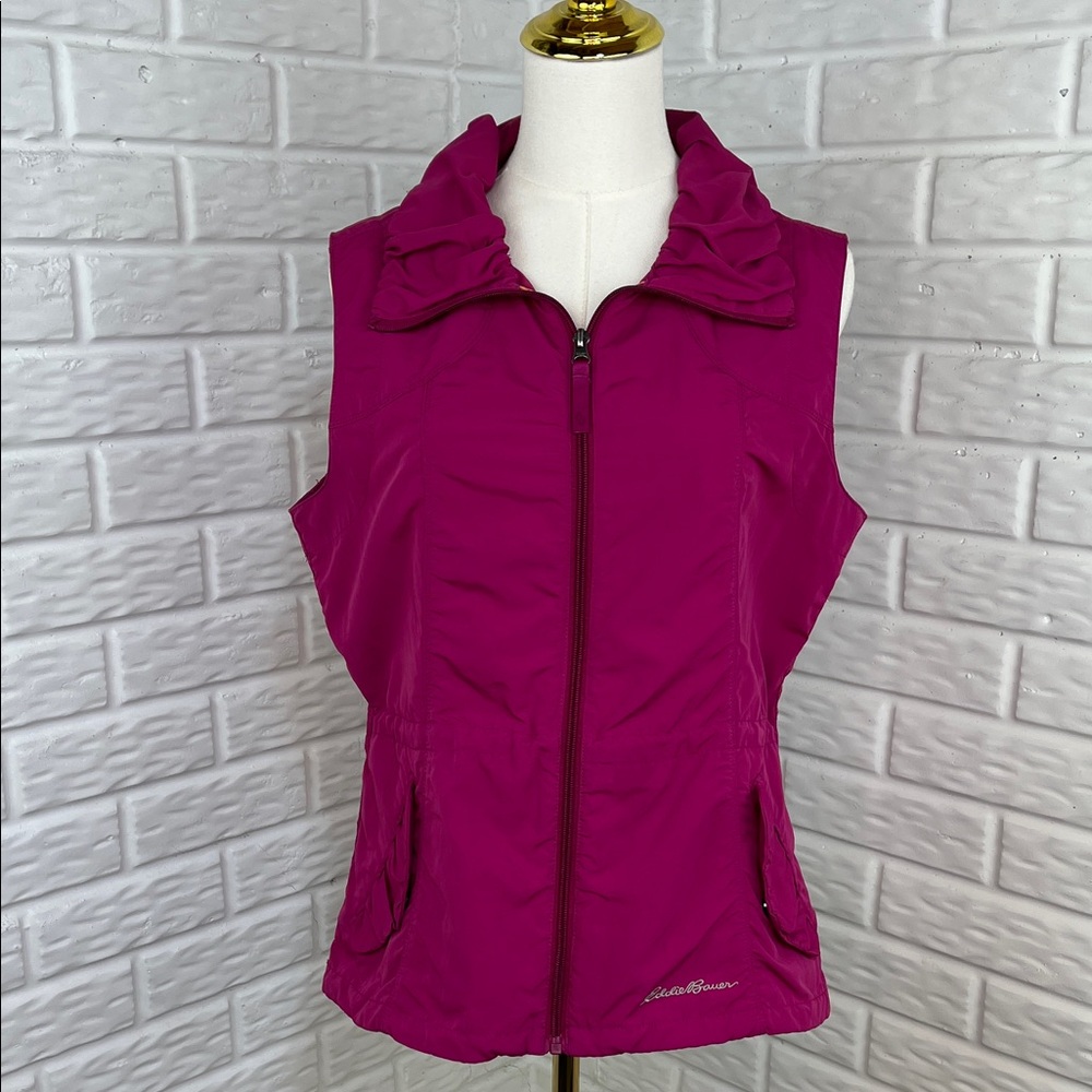 EDDIE BAUER VEST MAGENTA ZIP UP RUFFLE COLLAR HIDDEN POCKET CINCH WAIST SZ MED